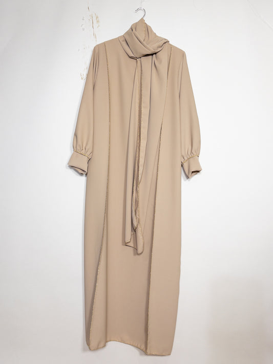 Long Abaya for Women REF: Ro2369pk - Medina Silk Abaya Dress with Scarf, Refined Style with a Golden Touch