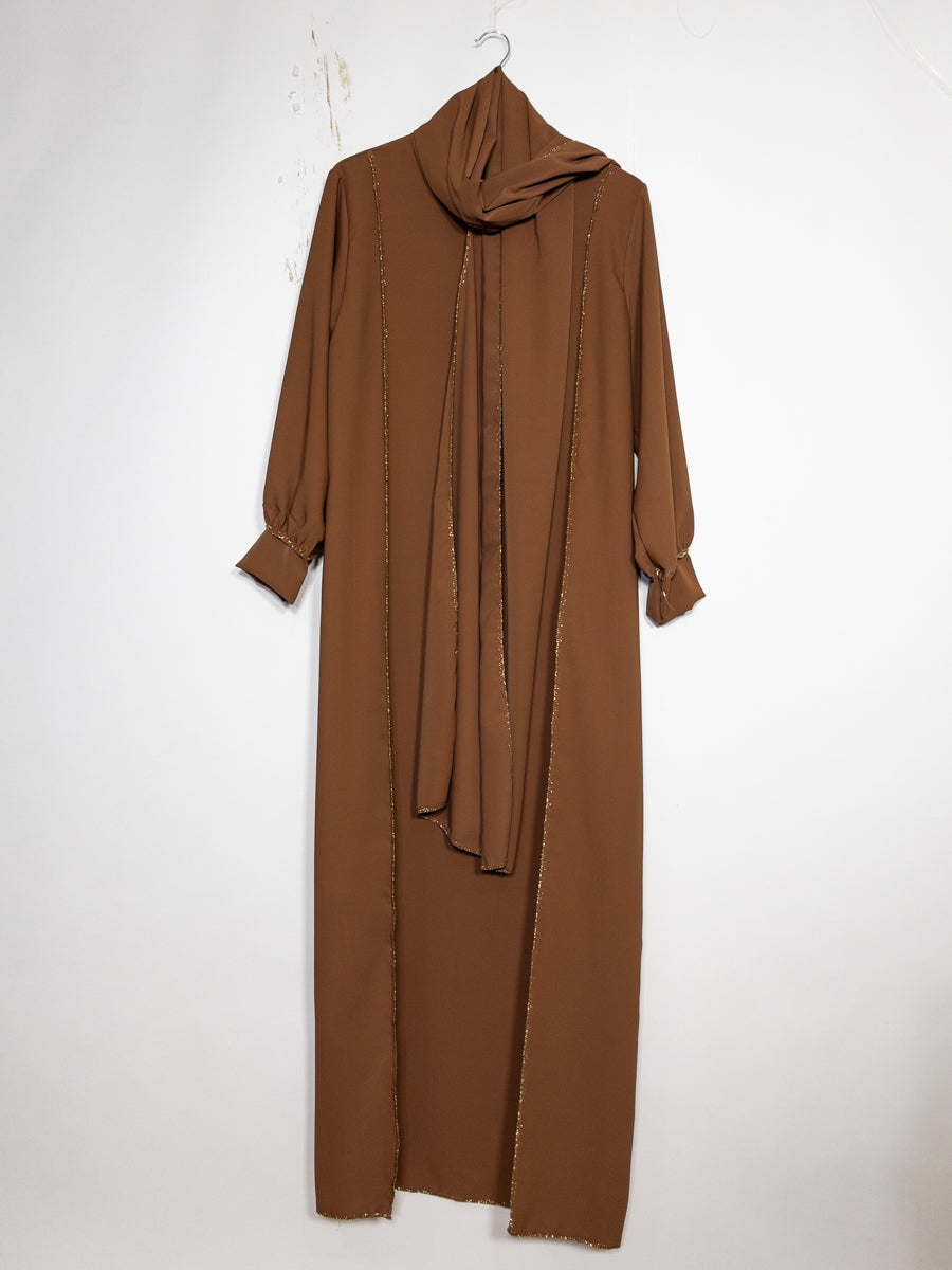 Long Abaya for Women REF: Ro2369pk - Medina Silk Abaya Dress with Scarf, Refined Style with a Golden Touch