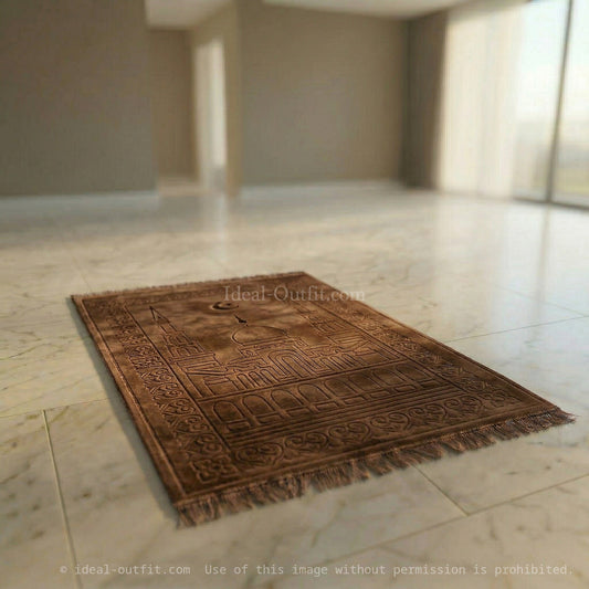 Comfort and Devotion, Velvet Prayer Mat with Embossed Mosque Design, Islamic Prayer Accessories