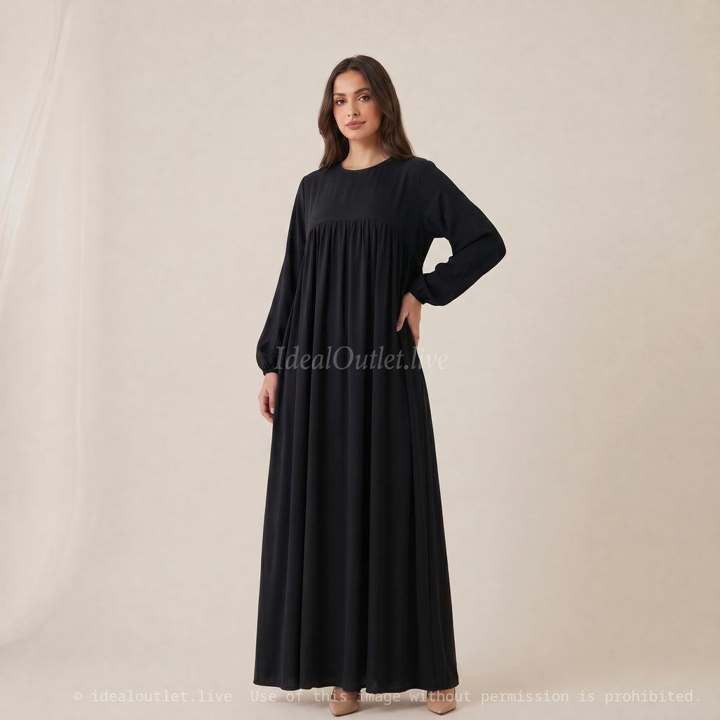 Abaya d'allaitement en jazz ouverture zip REF:RO2512JAZZ - manches bouffantes et coupe fluide facilitant l’allaitement en toute discrétion.