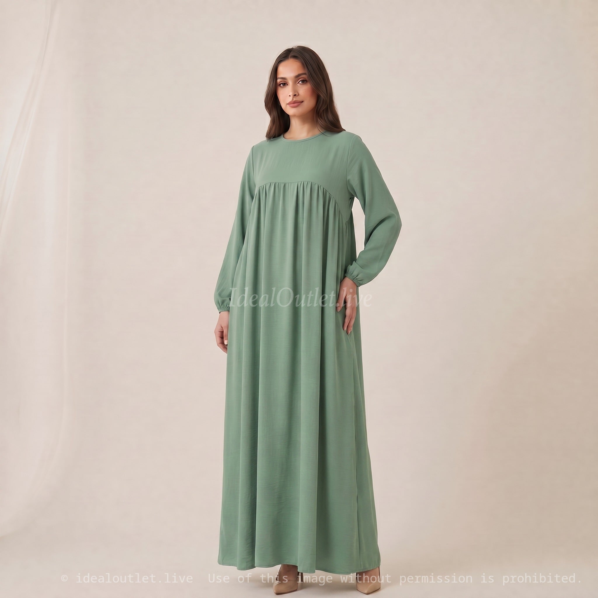 Abaya d'allaitement en jazz ouverture zip REF:RO2512JAZZ - manches bouffantes et coupe fluide facilitant l’allaitement en toute discrétion.