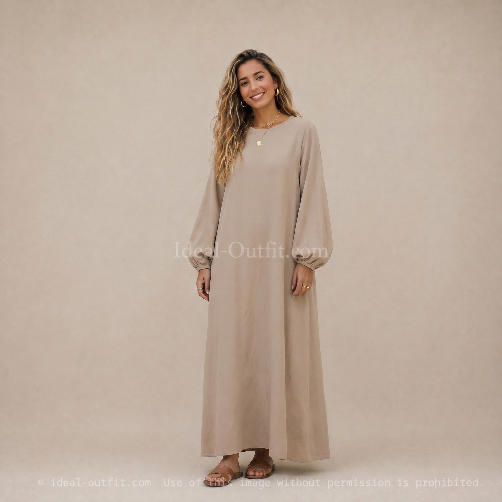 Robe Abaya en Soie de Médine - Modèle Ro2370pk - Manches ballon, fluide et confortable