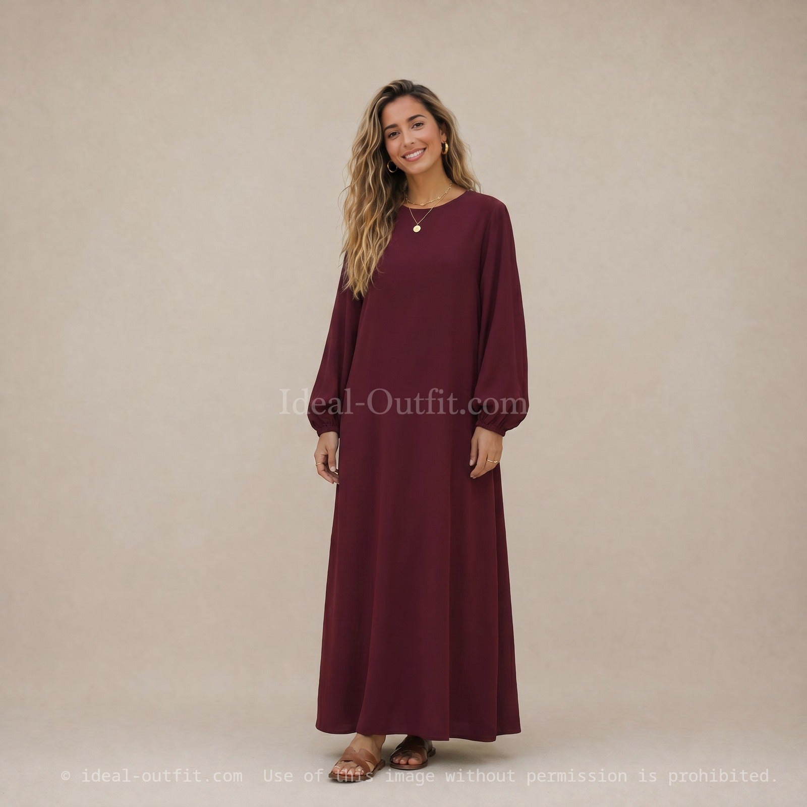 Robe Abaya en Soie de Médine - Modèle Ro2370pk - Manches ballon, fluide et confortable
