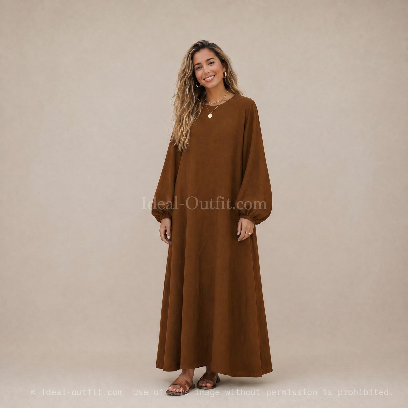Robe Abaya en Soie de Médine - Modèle Ro2370pk - Manches ballon, fluide et confortable