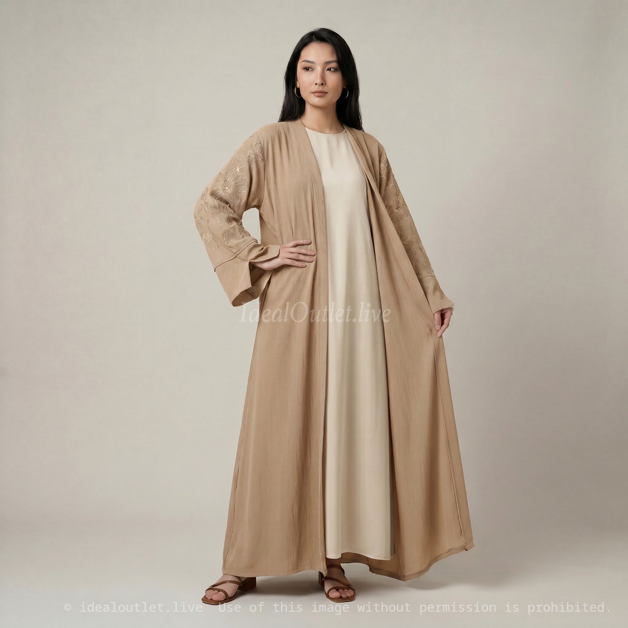 Élégance fluide infroissable, Ensemble Abaya Kimono brodé, , Mode Modeste, Taille unique, EN2511JAZZ