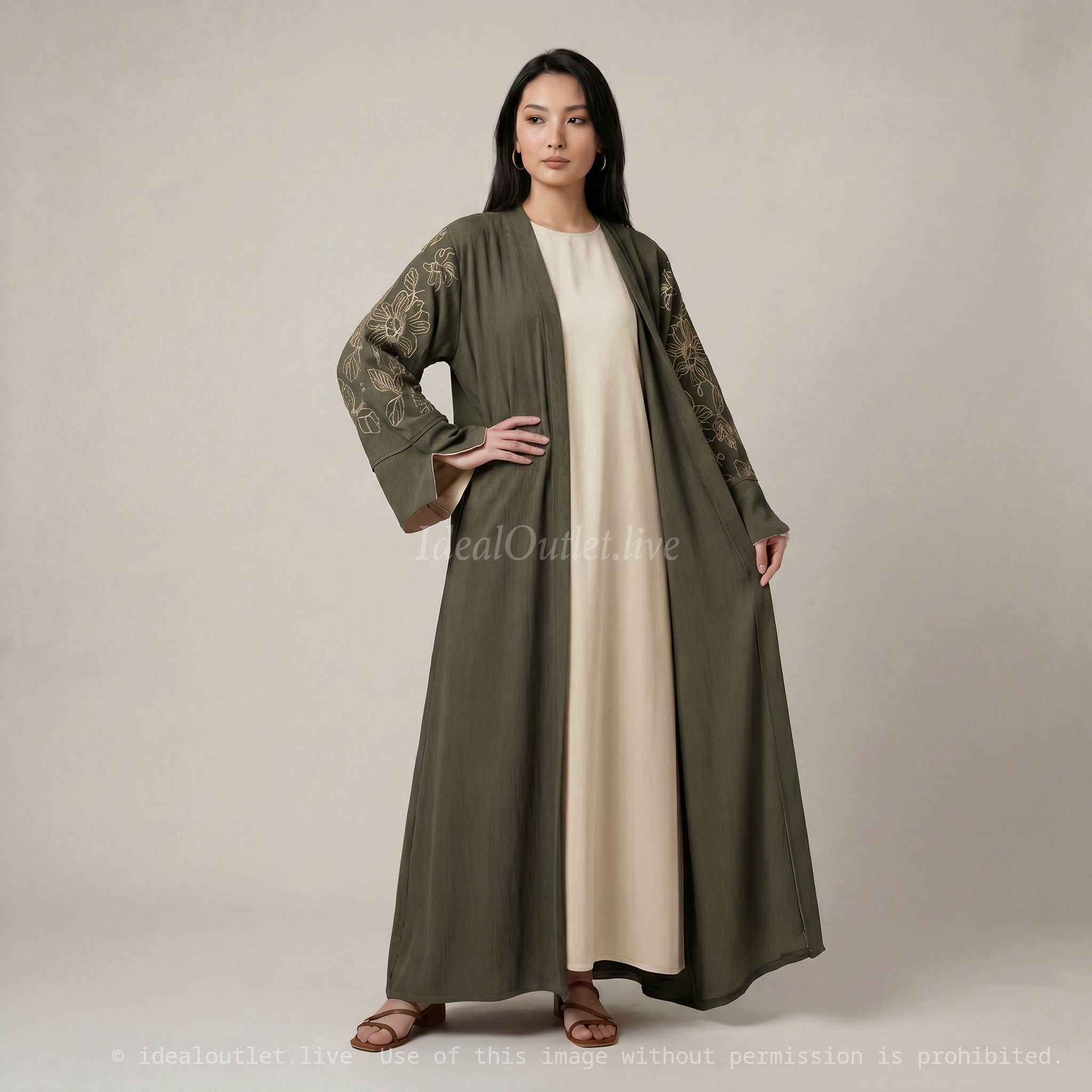 Élégance fluide infroissable, Ensemble Abaya Kimono brodé, , Mode Modeste, Taille unique, EN2511JAZZ