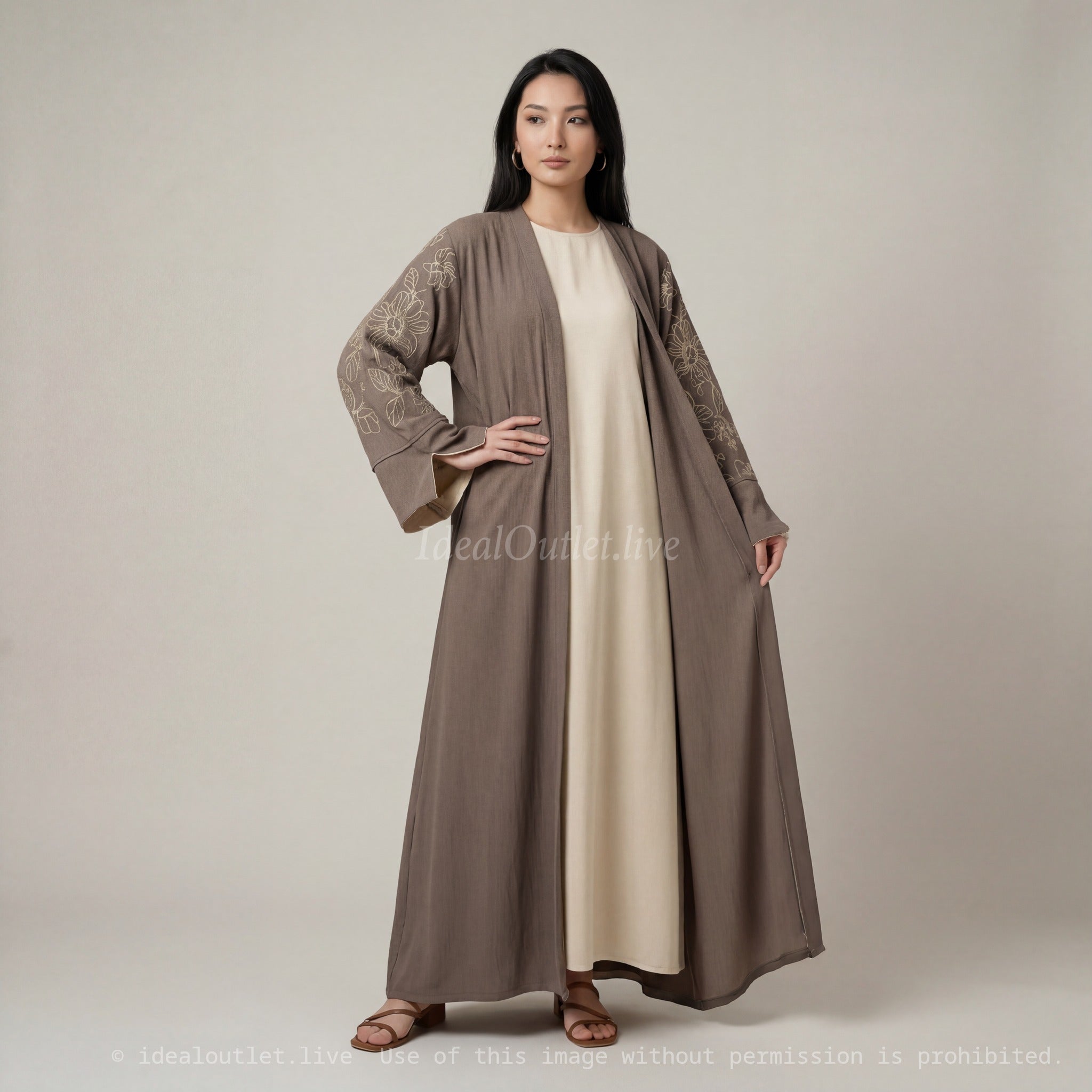 Élégance fluide infroissable, Ensemble Abaya Kimono brodé, , Mode Modeste, Taille unique, EN2511JAZZ