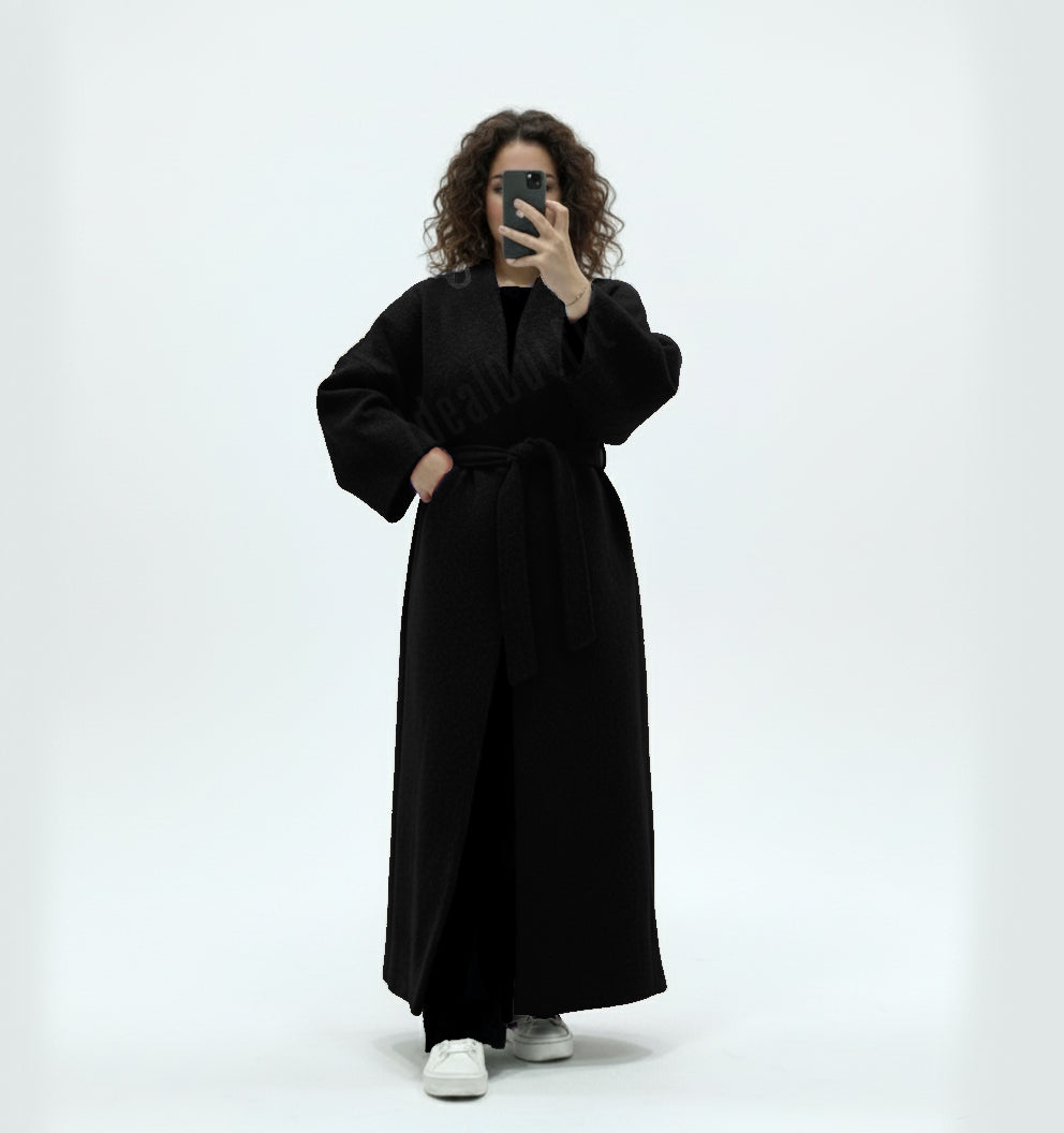 Manteau long en laine avec ceinture ref:Ma 2518, évasé style laine coupe ample et élégante
