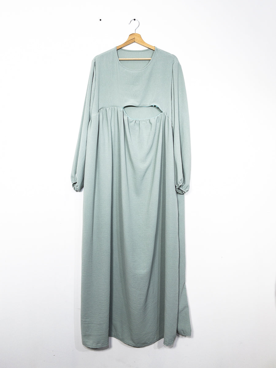 Abaya d'allaitement en jazz ouverture zip REF:RO2512JAZZ - manches bouffantes et coupe fluide facilitant l’allaitement en toute discrétion.