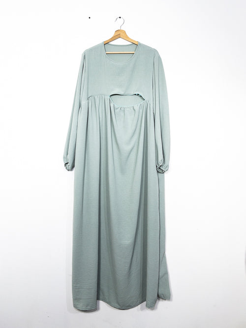 Abaya d'allaitement en jazz ouverture zip REF:RO2512JAZZ - manches bouffantes et coupe fluide facilitant l’allaitement en toute discrétion.