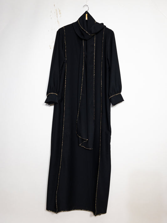 Long Abaya for Women REF: Ro2369pk - Medina Silk Abaya Dress with Scarf, Refined Style with a Golden Touch