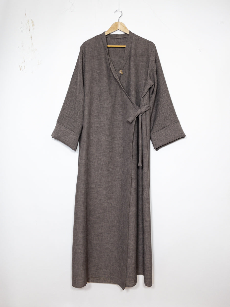 Abaya manche large en lin pour 185cm REF: RoL2383lin - Abaya portefeuille style kimono larges style lin design chic ajustable avec un nœud