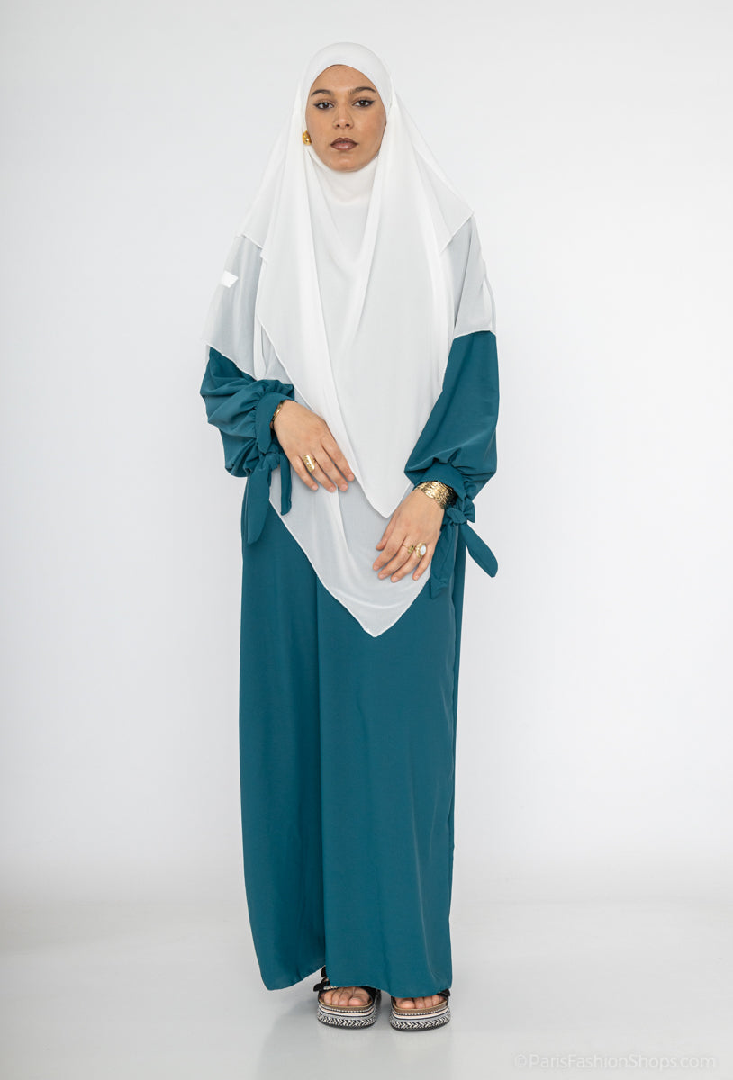 Abaya in Medina Silk RO2378PK - Elegant and Flowing with Loose Cut, Puff Sleeves and Pretty Knot Detail