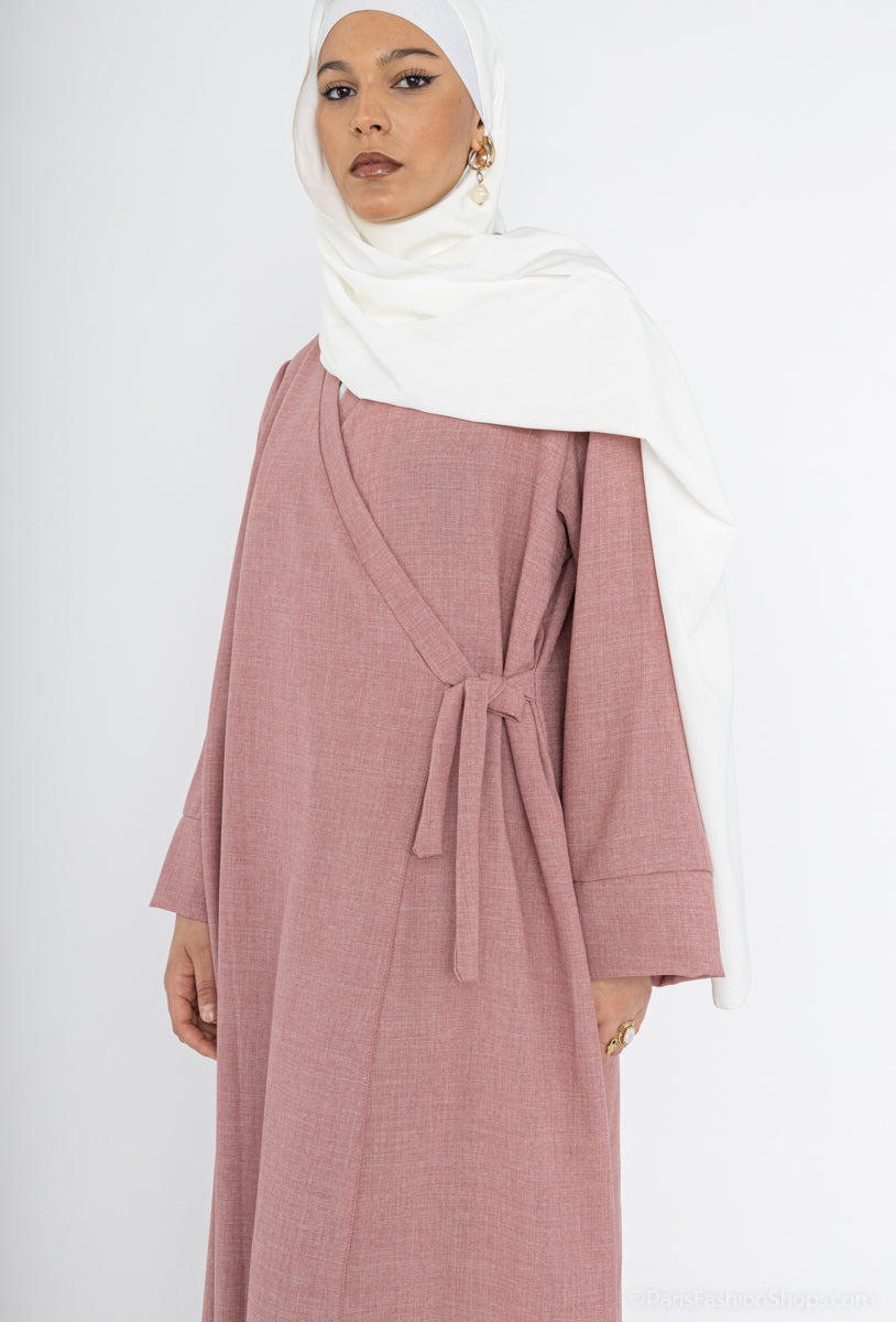 Abaya manche large en lin pour 185cm REF: RoL2383lin - Abaya portefeuille style kimono larges style lin design chic ajustable avec un nœud