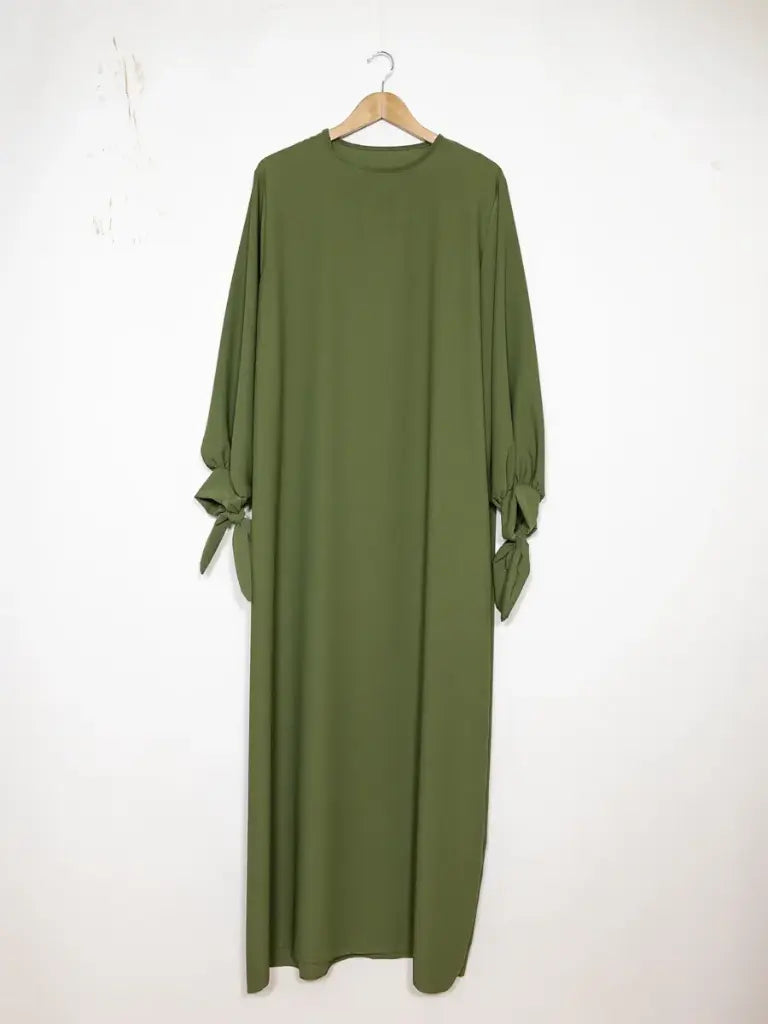 Abaya Dress Ref RoL2378pk - Long Abaya Dress in Medina Silk for Women 185cm with Puff Sleeves and a Flowing, Sophisticated Knot