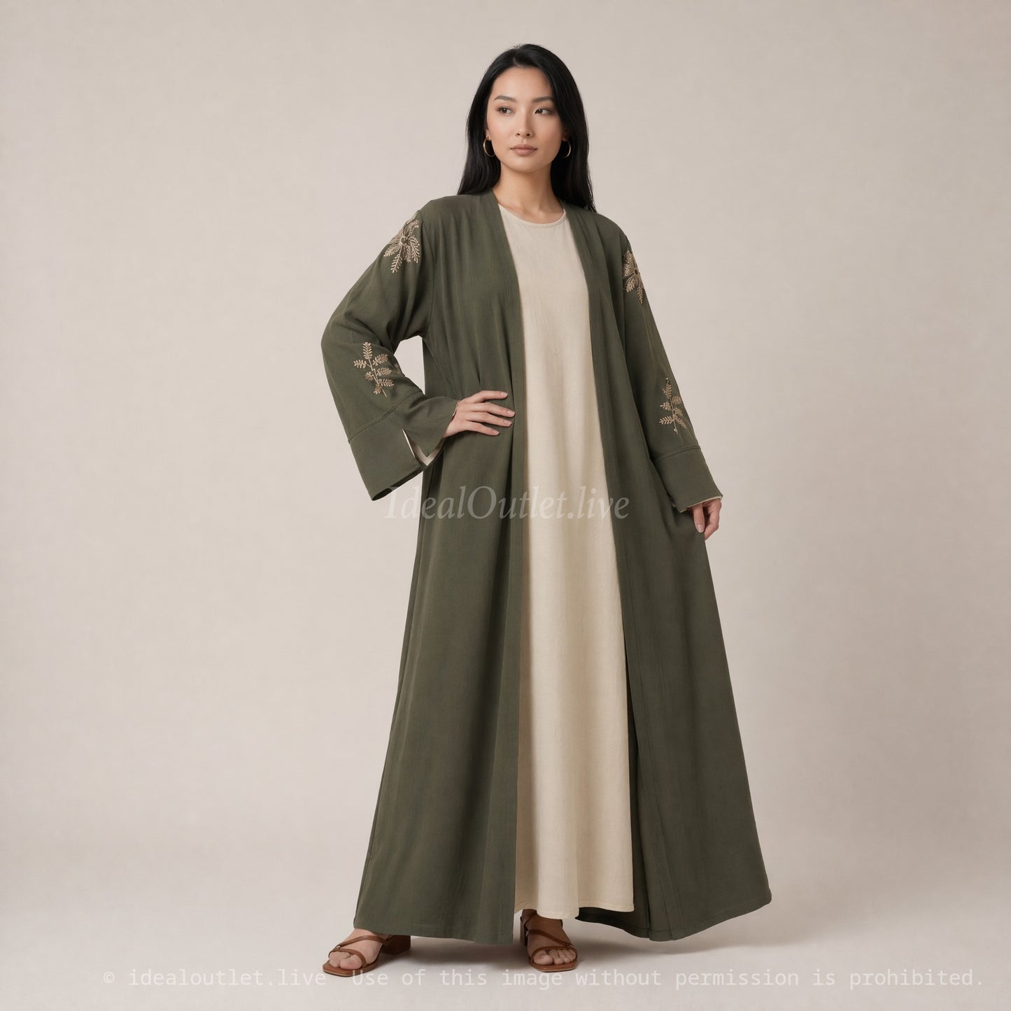 Élégance fluide infroissable, Ensemble Abaya Kimono brodé, , Mode Modeste, Taille unique, EN2511JAZZ