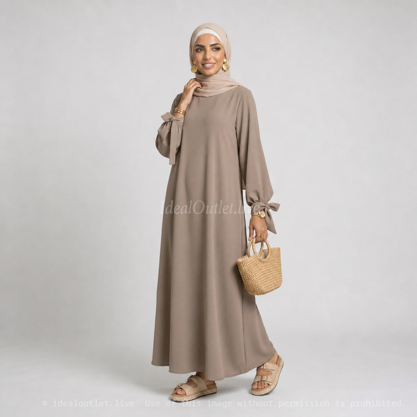 Abaya in Medina Silk RO2378PK - Elegant and Flowing with Loose Cut, Puff Sleeves and Pretty Knot Detail