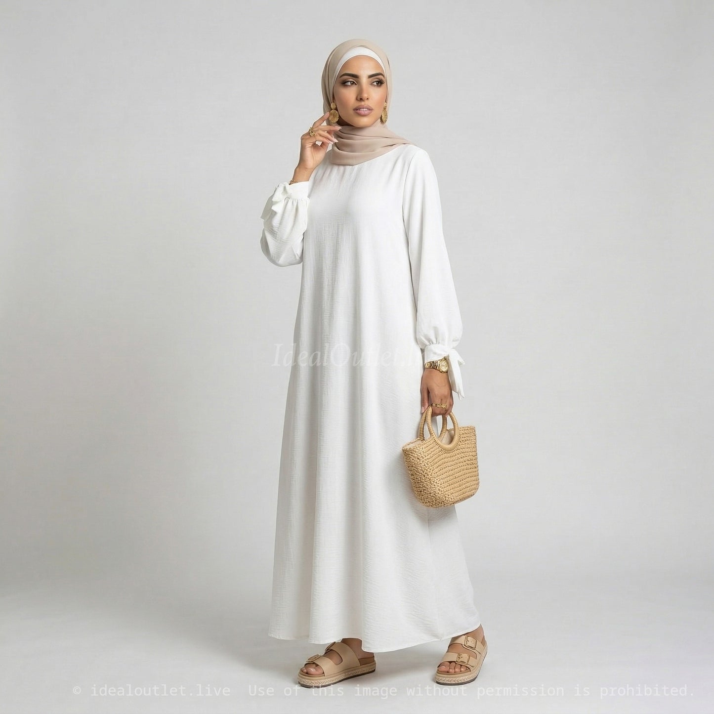 Abaya in Medina Silk RO2378PK - Elegant and Flowing with Loose Cut, Puff Sleeves and Pretty Knot Detail