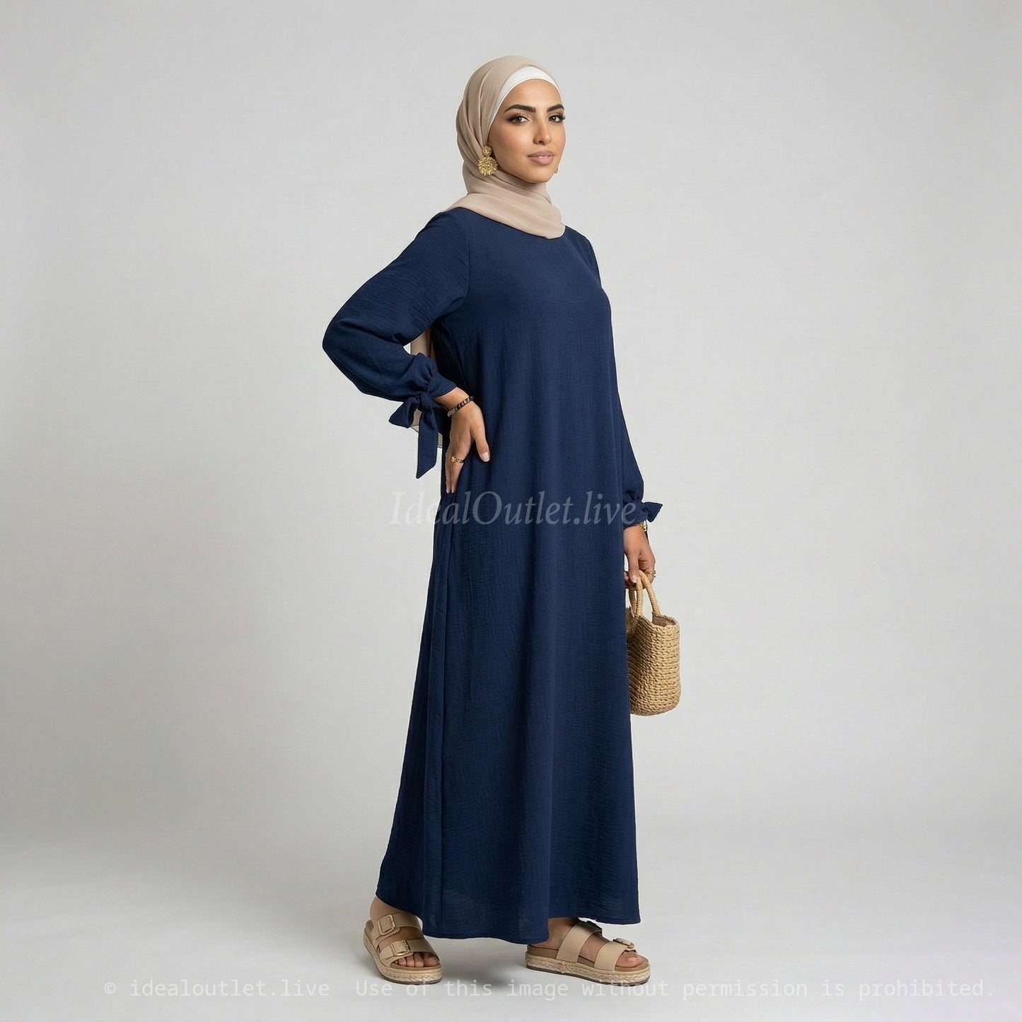 Abaya in Medina Silk RO2378PK - Elegant and Flowing with Loose Cut, Puff Sleeves and Pretty Knot Detail