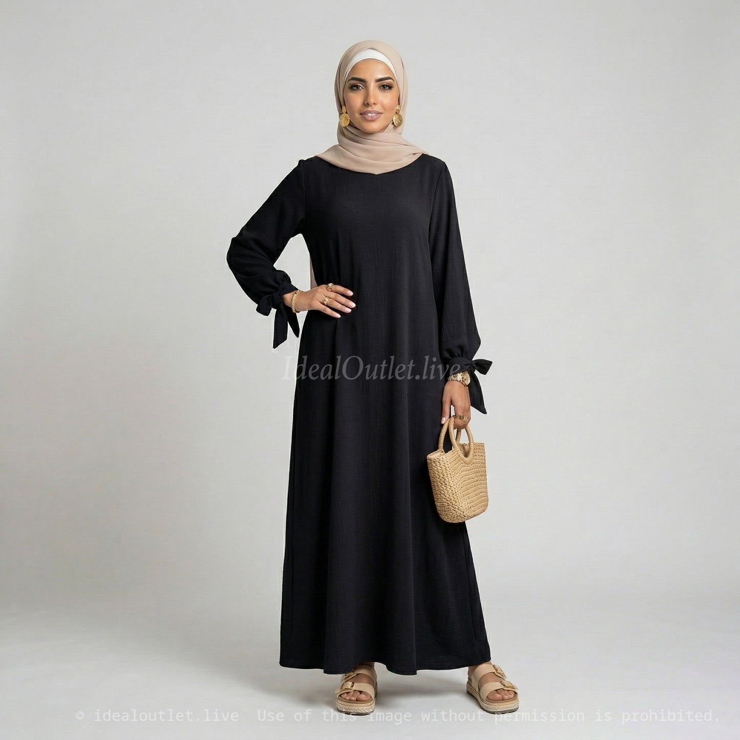 Abaya in Medina Silk RO2378PK - Elegant and Flowing with Loose Cut, Puff Sleeves and Pretty Knot Detail