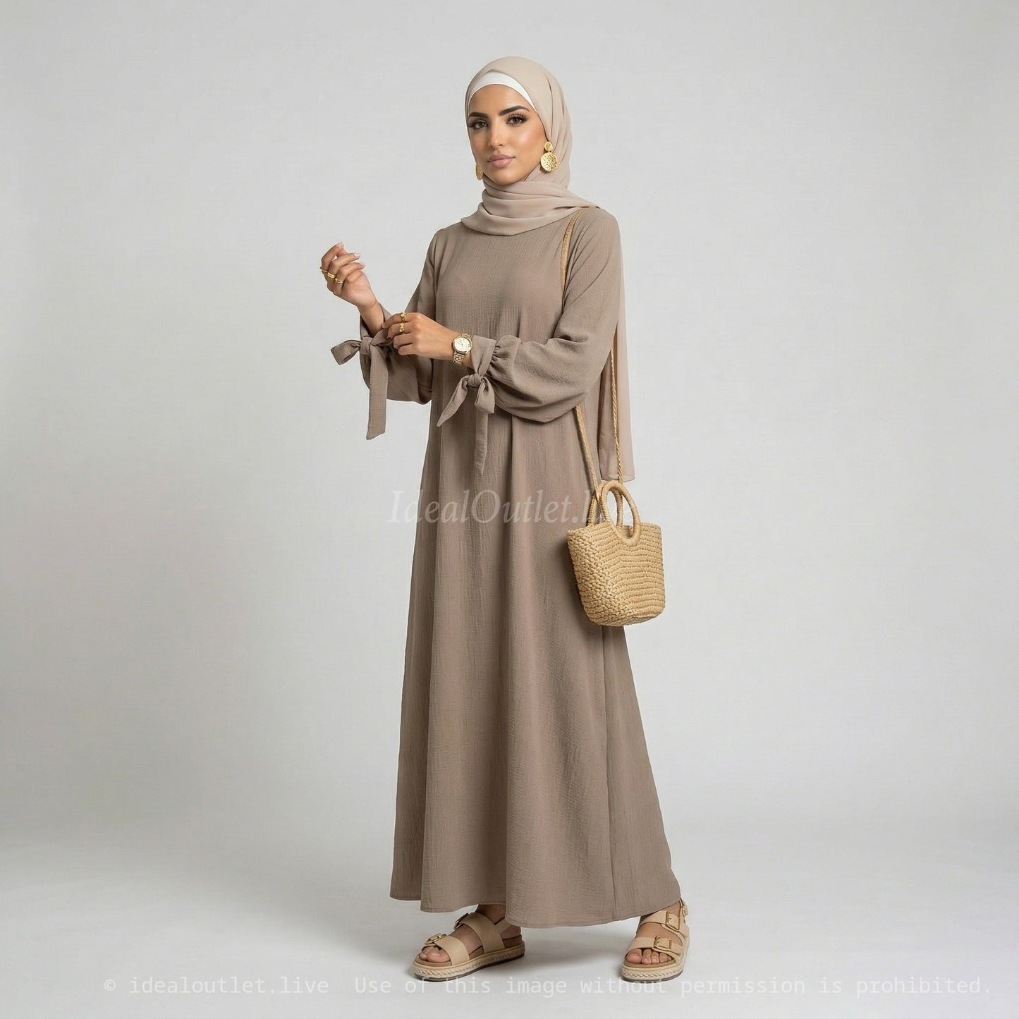 Abaya in Medina Silk RO2378PK - Elegant and Flowing with Loose Cut, Puff Sleeves and Pretty Knot Detail