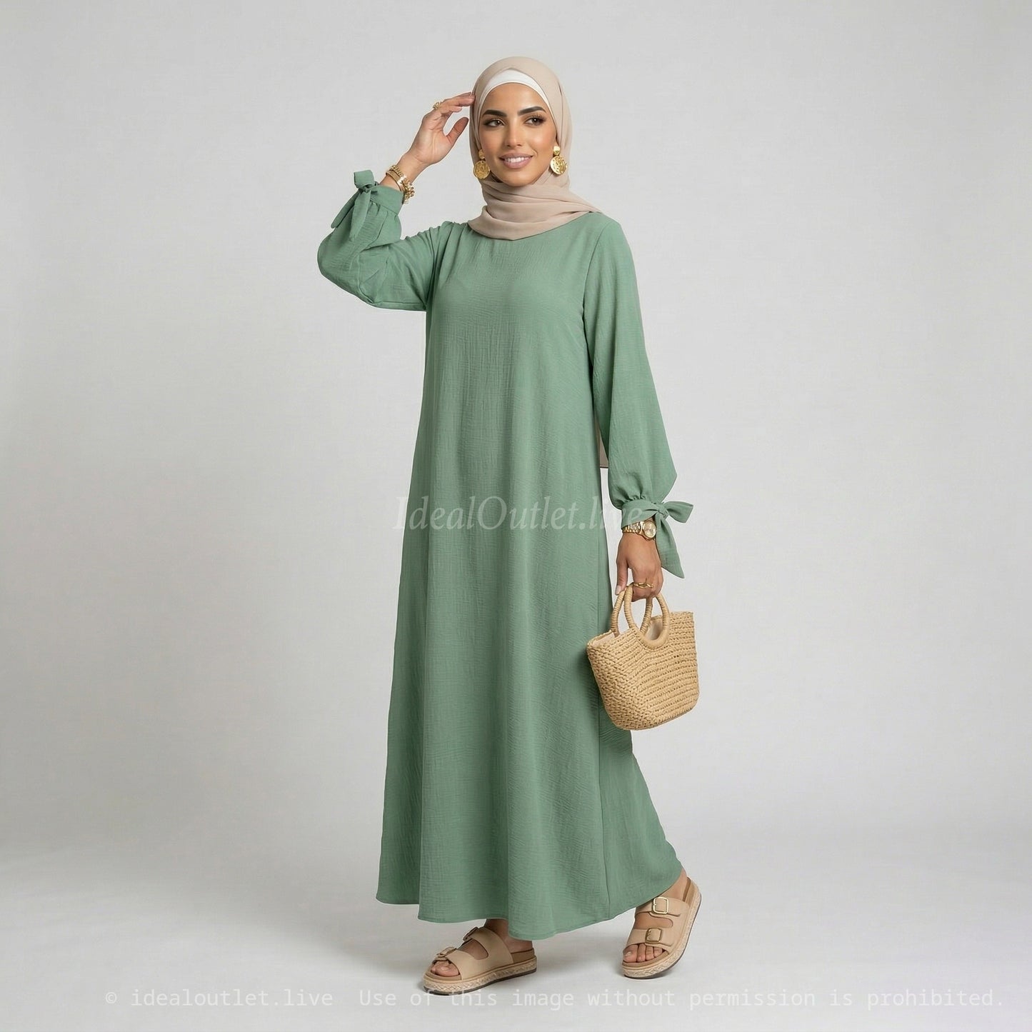 Abaya in Medina Silk RO2378PK - Elegant and Flowing with Loose Cut, Puff Sleeves and Pretty Knot Detail