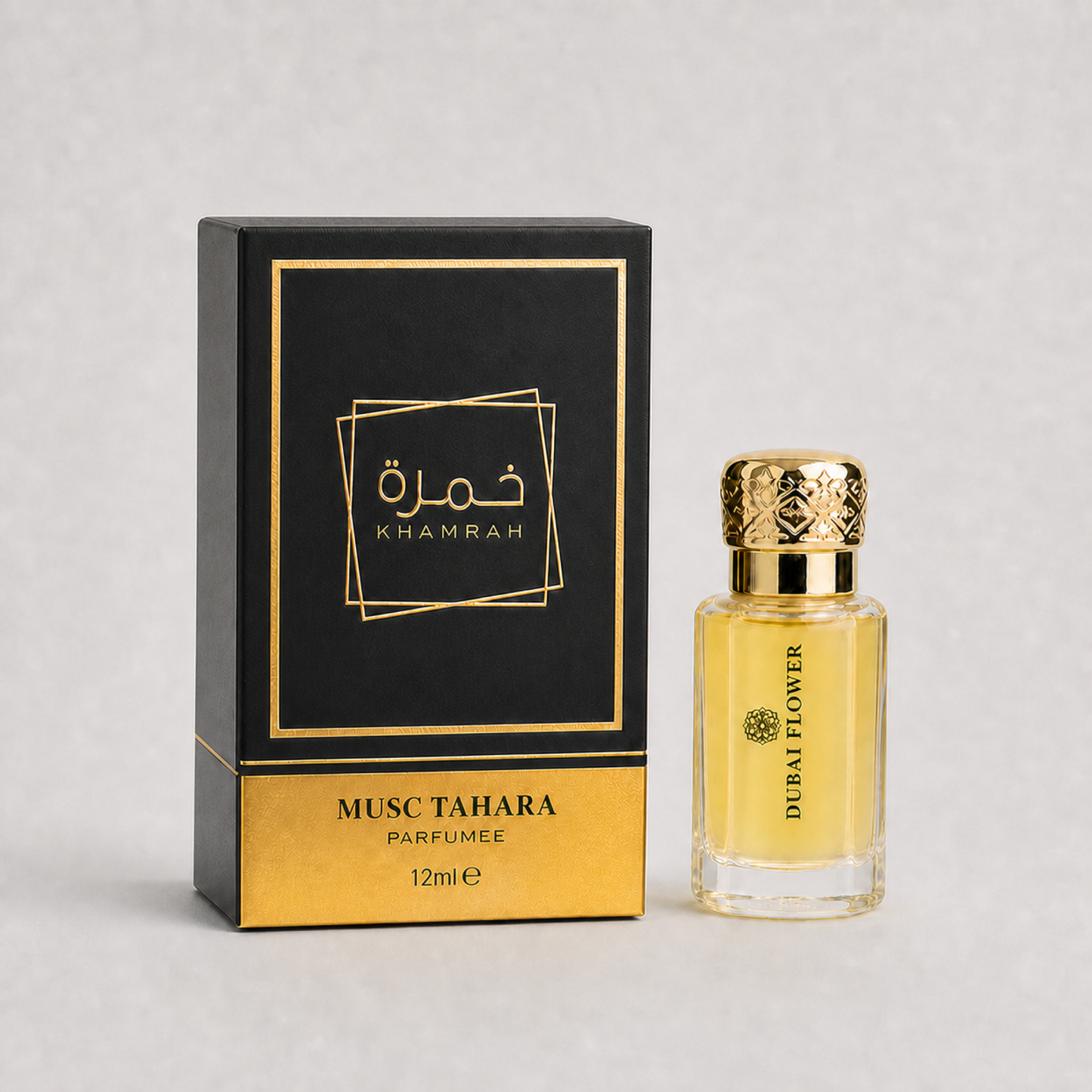 Khamrah – Musc Tahara 12 ml, flacon et boîte sur fond studio gris clair