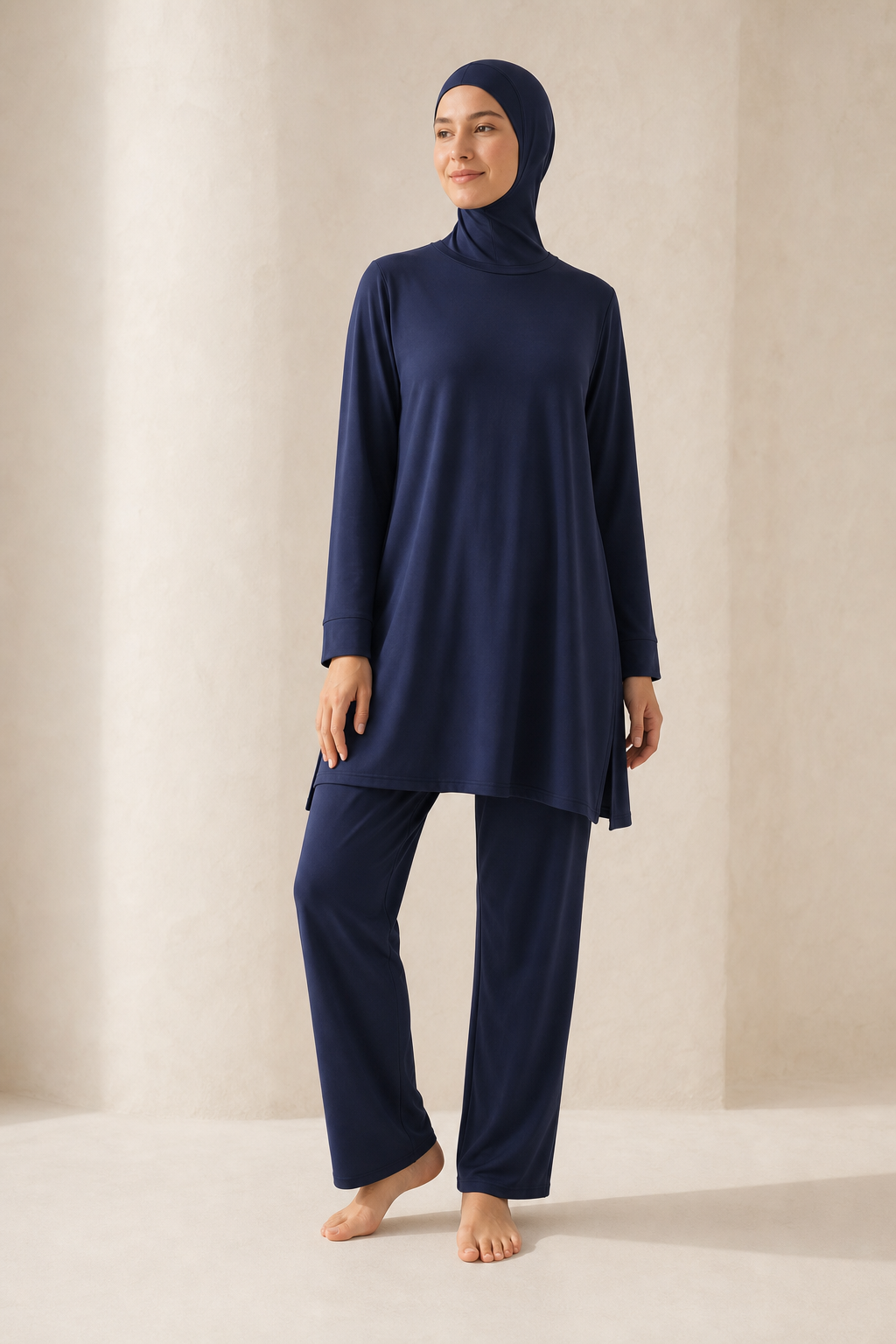 Femme portant l'ensemble burkini trois pièces marine 22ENJP