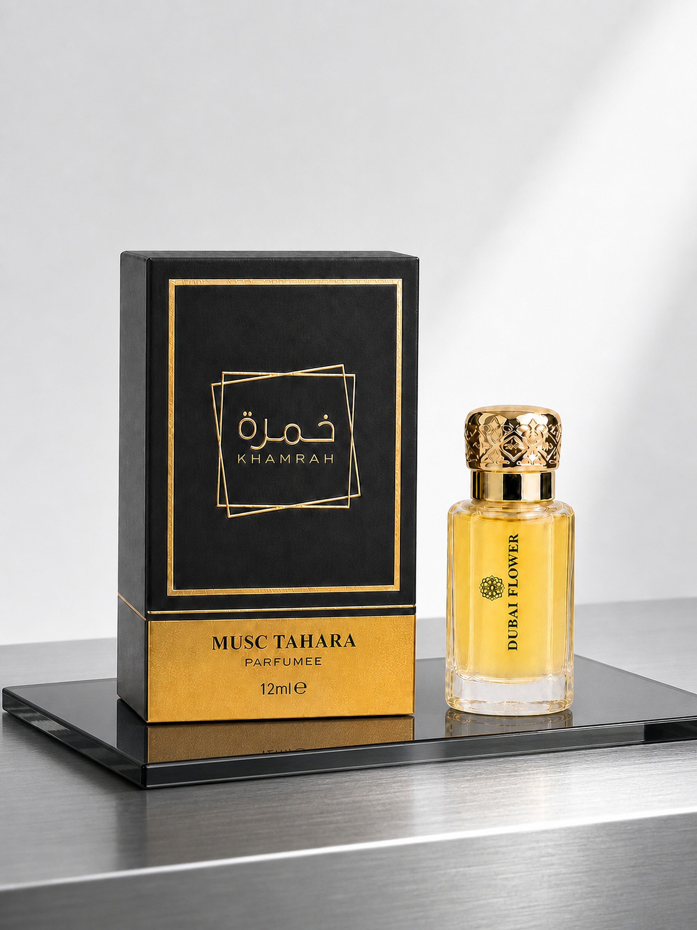 Coffret et flacon Khamrah Musc Tahara 12 ml sur acier brossé