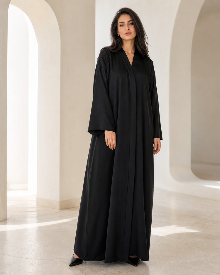 Femme non voilée portant une abaya noire dans une galerie blanche lumineuse